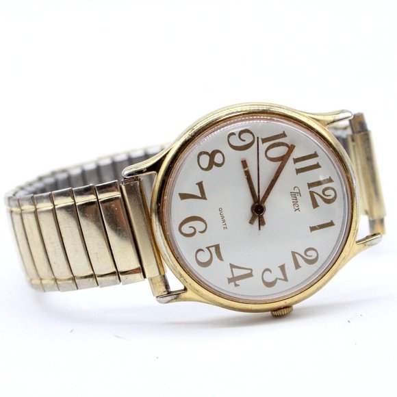 Timex Other - Vintage Timex Watch Mens Gold Tone Stainless Steel Big Numbers White Quartz Dial